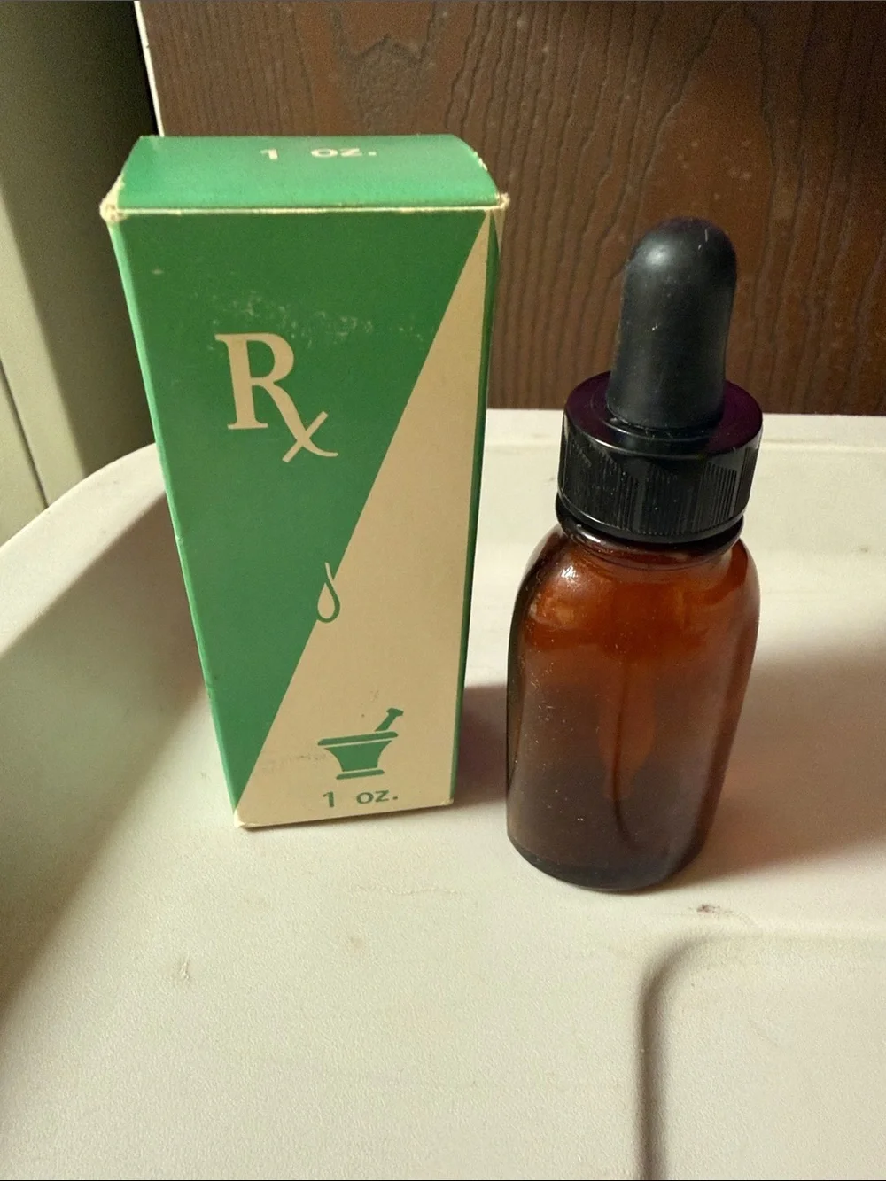 Vintage Amber Glass Apothecary Dropper Bottle with RX Box – 1 oz